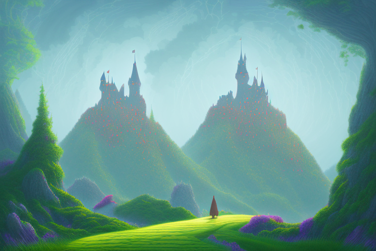 A fantastical landscape with a castle in the distance and a path leading up to it